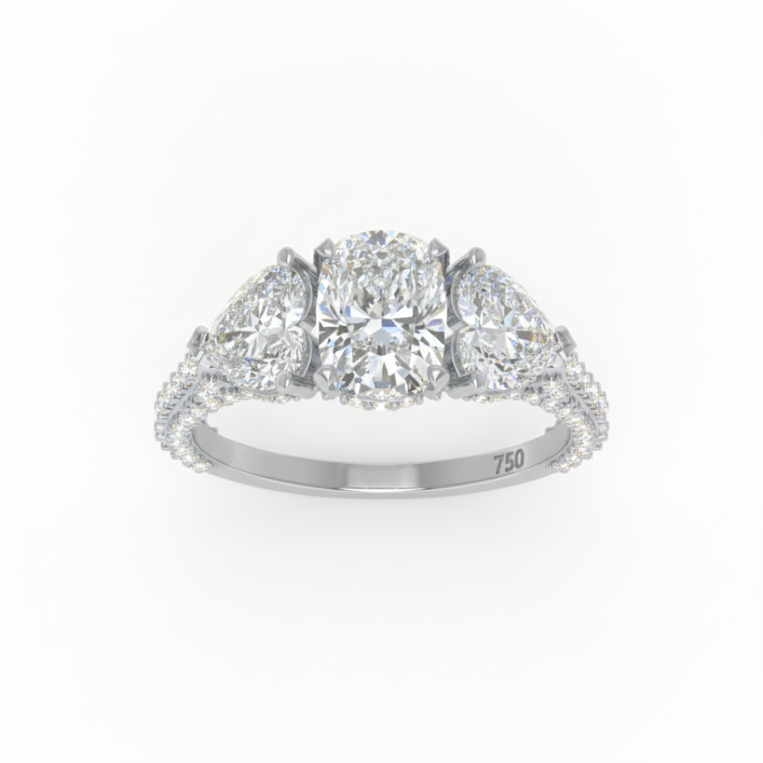 Victoria Cushion Cut Diamond Engagement Ring with Heart Cut Side Diamonds and 3D Diamond Band