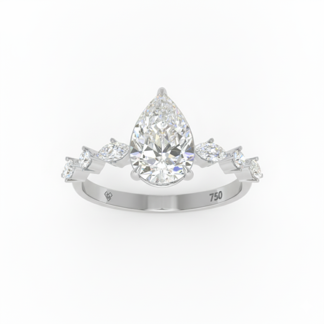 Elizabeth Pear Cut Diamond Engagement Ring With A Marquise And Round Cut Diamond Band