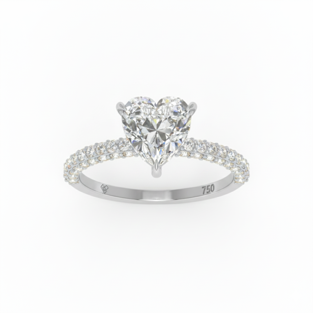 Bague de fiançailles Mia en diamant taille cœur avec halo de diamants cachés et anneau en diamant 3D