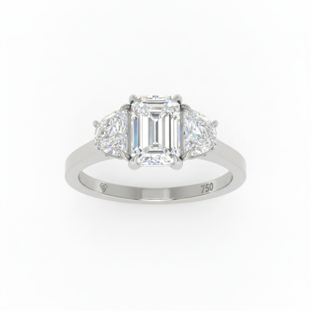 Kamala Emerald Cut Diamond Engagement Ring with Half Moon Cut Sides Diamonds