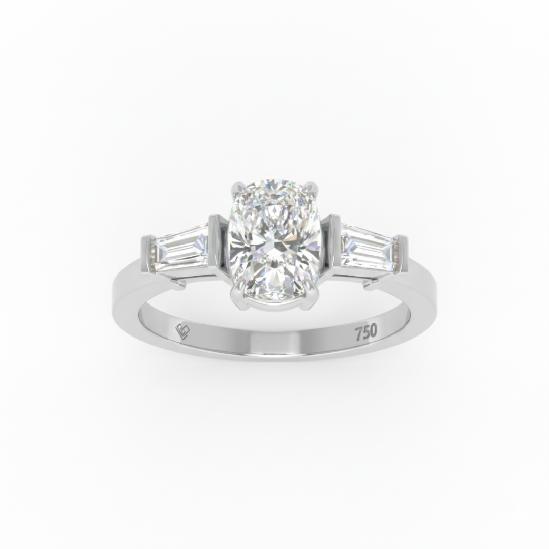 Mary Cushion Cut Diamond Engagement Ring with Tapering Baguette Cut Side Diamonds