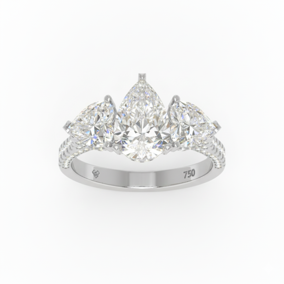 Victoria Pear Cut Diamond Engagement Ring with Heart Cut Side Diamonds and 3D Diamond Band