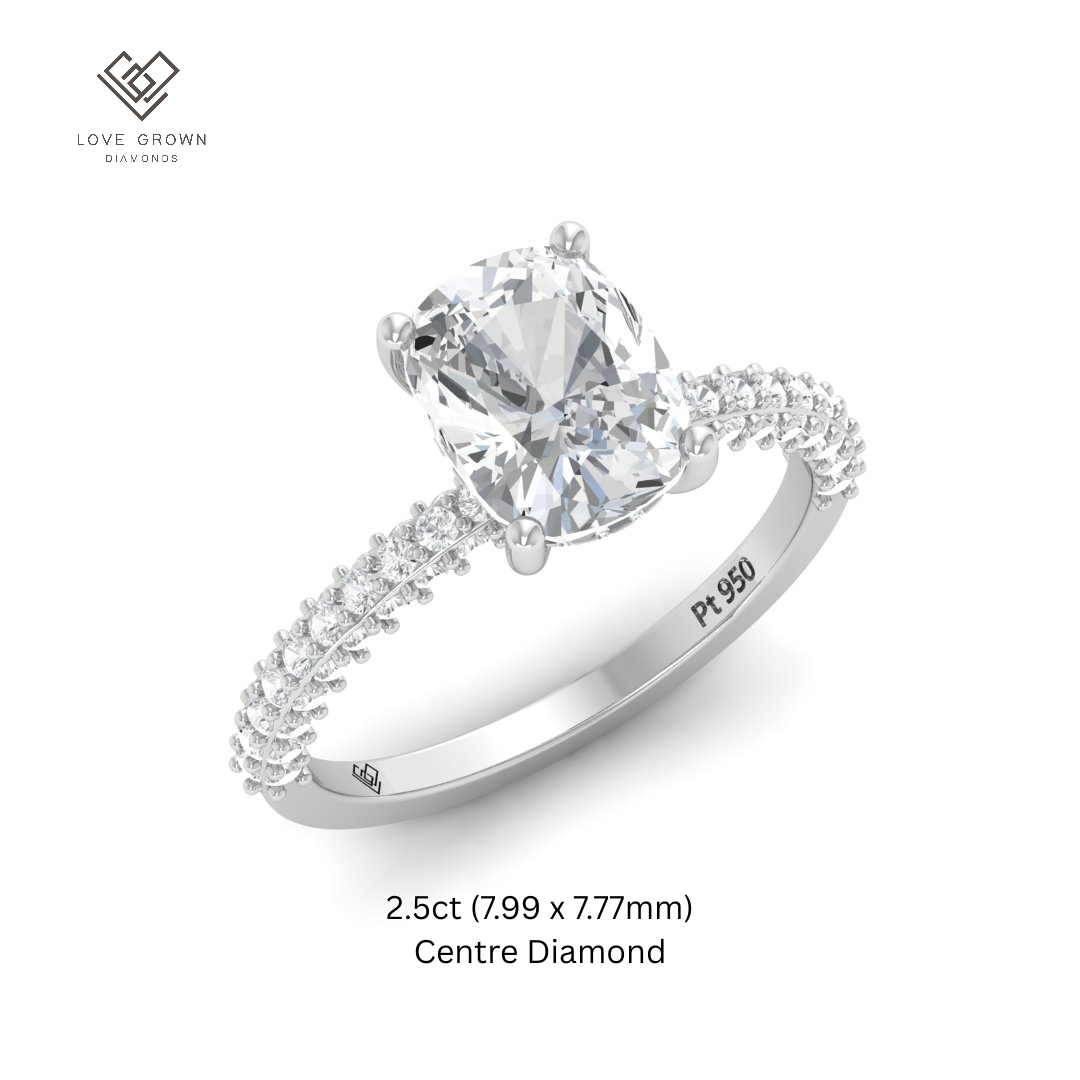 Mia Cushion Cut Diamond Engagement Ring with Diamond Hidden Halo and 3D Diamond Band