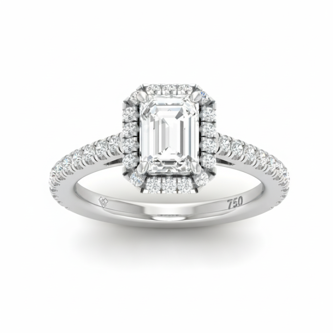 Bella Emerald Cut Diamond Engagement Ring with Diamond Halo & Diamond Band
