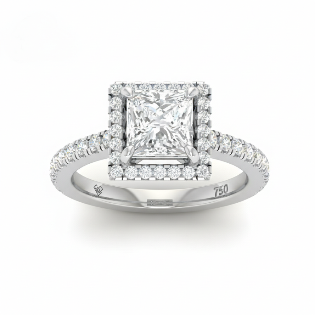 Bella Princess Cut Diamond Engagement Ring with Diamond Halo & Diamond Band