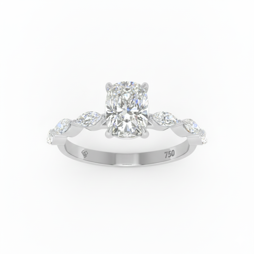 Kasandra Cushion Cut Diamond Engagement Ring With A Marquise Cut Diamond Band