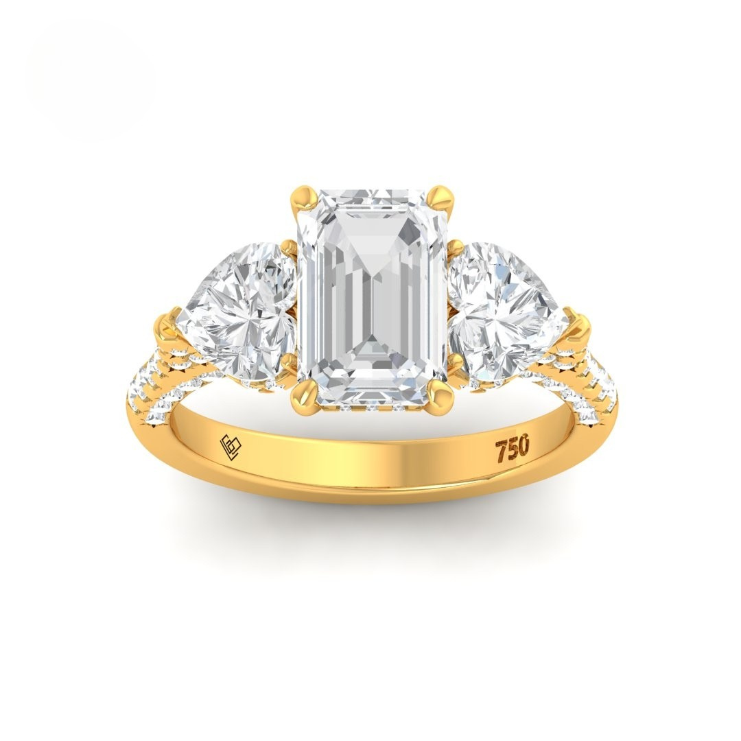 Victoria Emerald Cut Diamond Engagement Ring with Heart Cut Side Diamonds and 3D Diamond Band