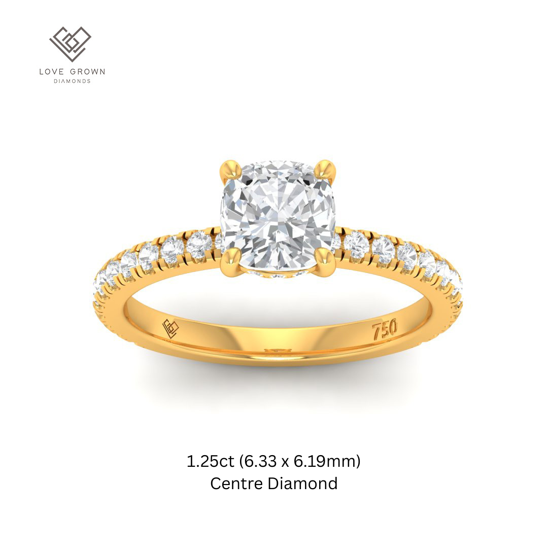 Chloé Cushion Cut Diamond Engagement Ring with Hidden Halo and Diamond Band in Gold.