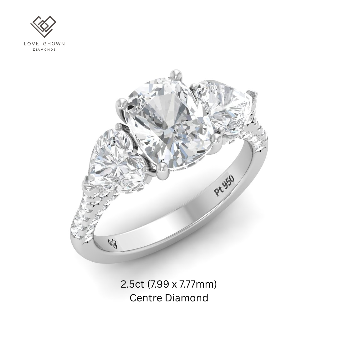 Victoria Cushion Cut Diamond Engagement Ring with Heart Cut Side Diamonds and 3D Diamond Band
