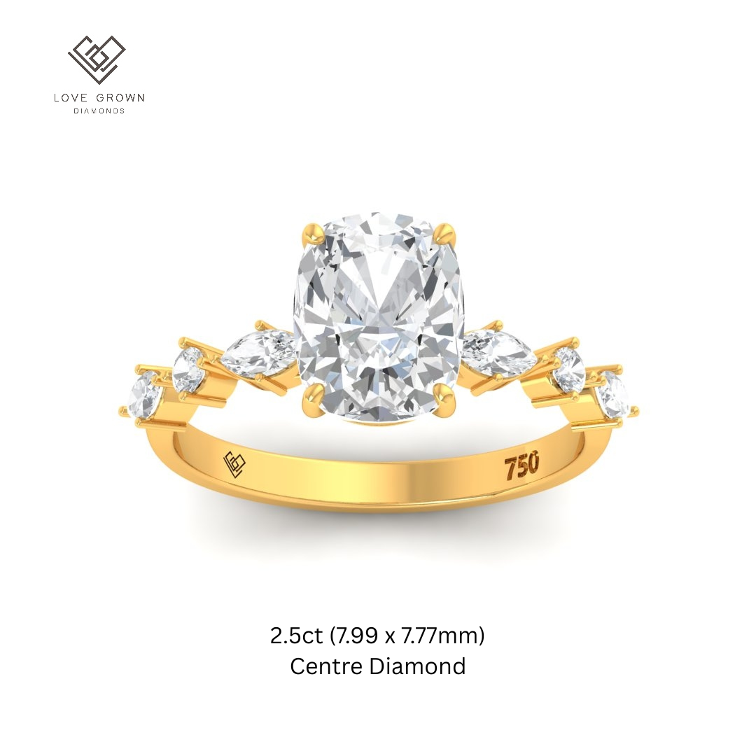 Elizabeth Cushion Diamond Engagement Ring With A Marquise and Round Cut Diamond Band