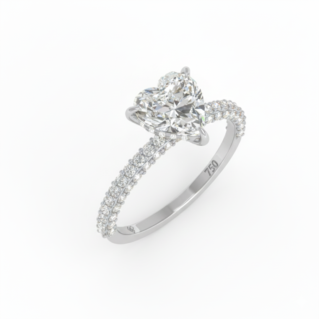 Bague de fiançailles Mia en diamant taille cœur avec halo de diamants cachés et anneau en diamant 3D