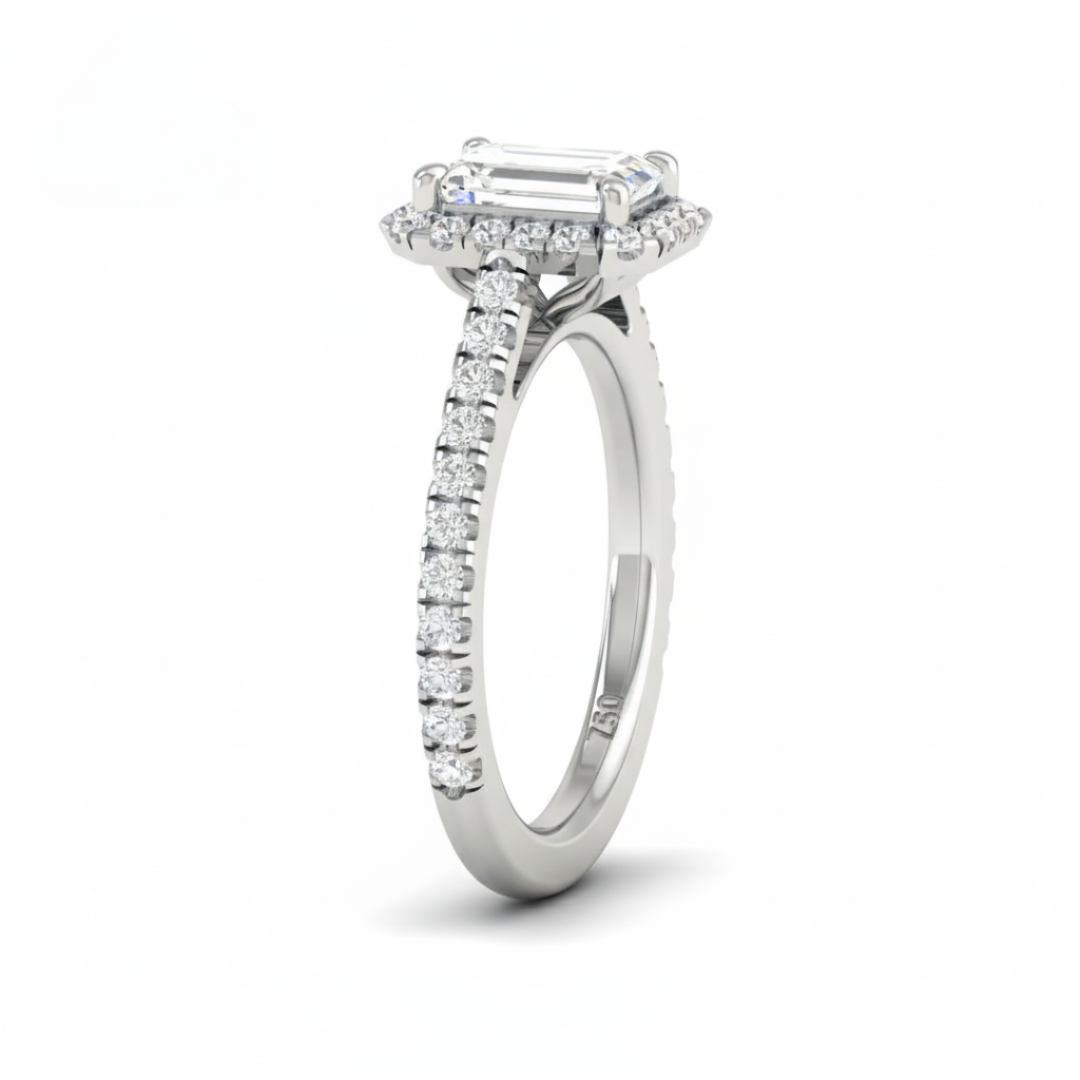 Bella Emerald Cut Diamond Engagement Ring with Diamond Halo & Diamond Band