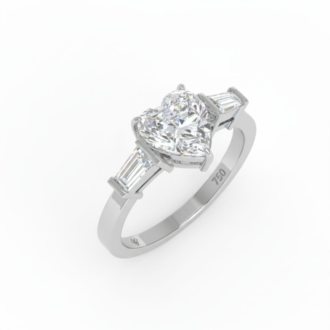 Mary Heart Cut Diamond Engagement Ring with Tapering Baguettes Cut Side Diamonds