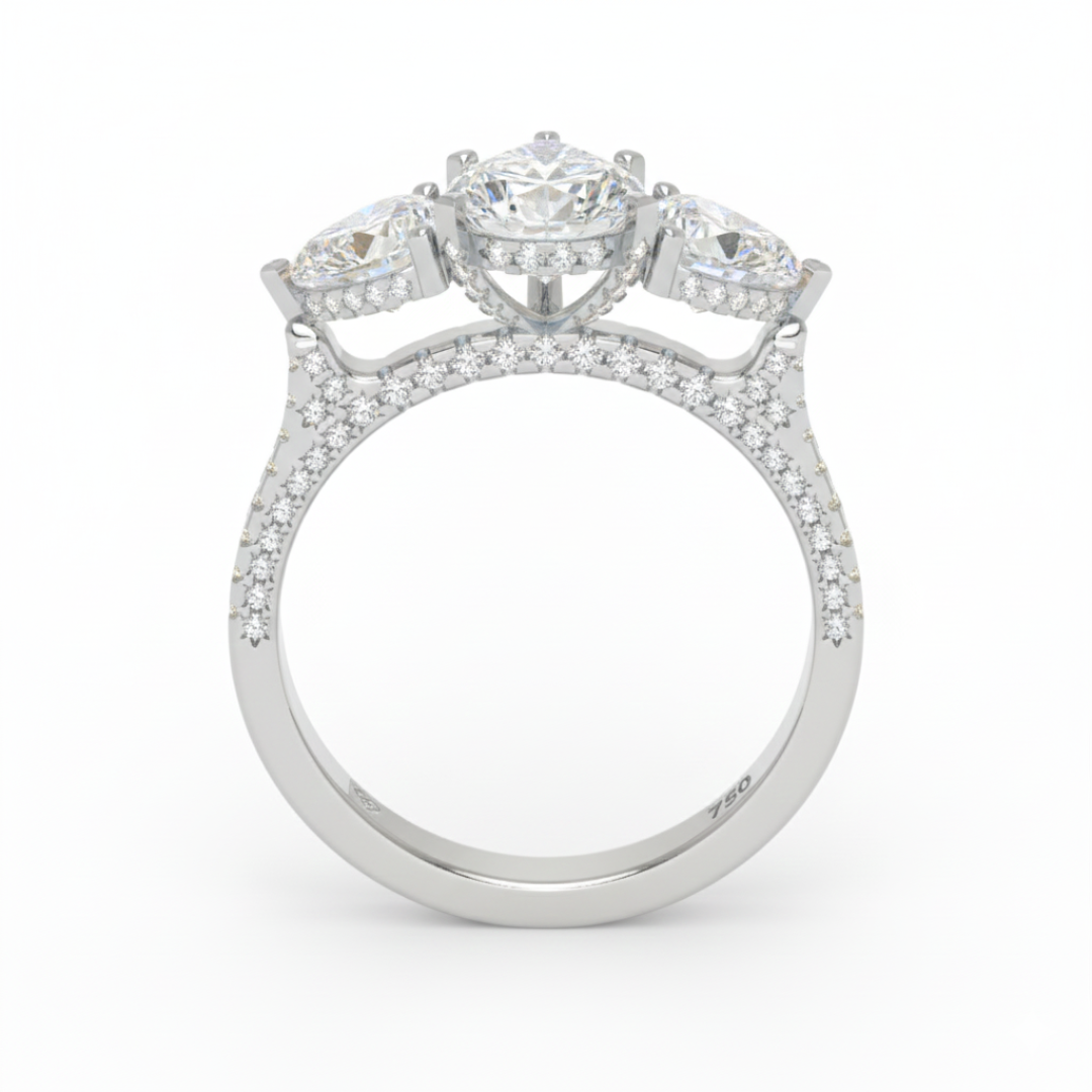 Victoria Pear Cut Diamond Engagement Ring with Heart Cut Side Diamonds and 3D Diamond Band