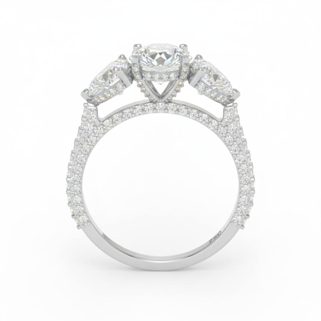 Victoria Round Brilliant Cut Diamond Engagement Ring with Heart Cut Side Diamonds and 3D Diamond Band