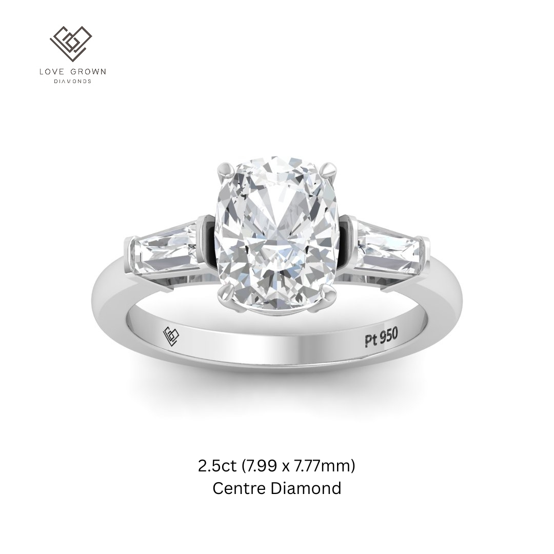 Mary Cushion Cut Diamond Engagement Ring with Tapering Baguette Cut Side Diamonds