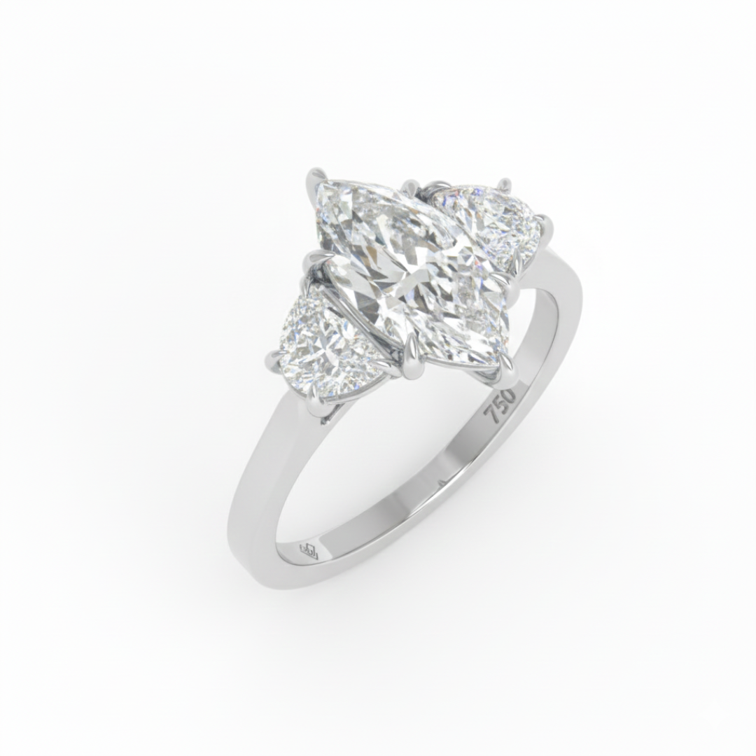 Kamala Marquise Cut Diamond Enagement Ring with Half Moon Cut Side Diamonds