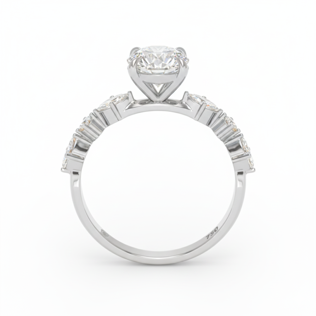 Elizabeth Round Brilliant Cut Diamond Engagement Ring With A Marquise And Round Cut Diamond Band