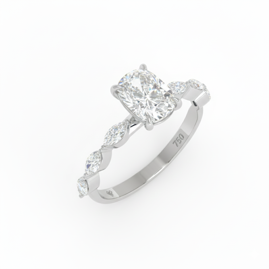 Kasandra Cushion Cut Diamond Engagement Ring With A Marquise Cut Diamond Band