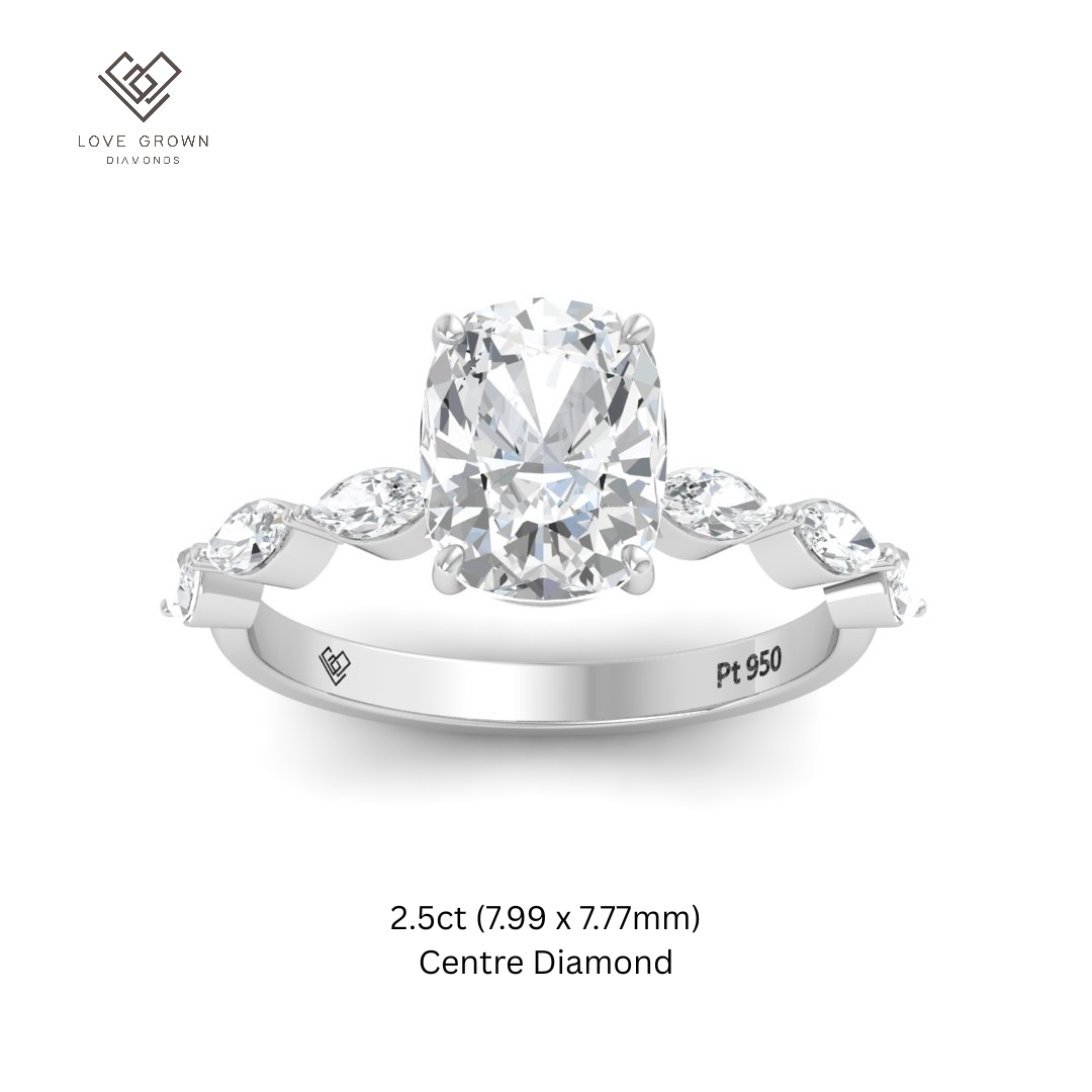 Kasandra Cushion Cut Diamond Engagement Ring With A Marquise Cut Diamond Band