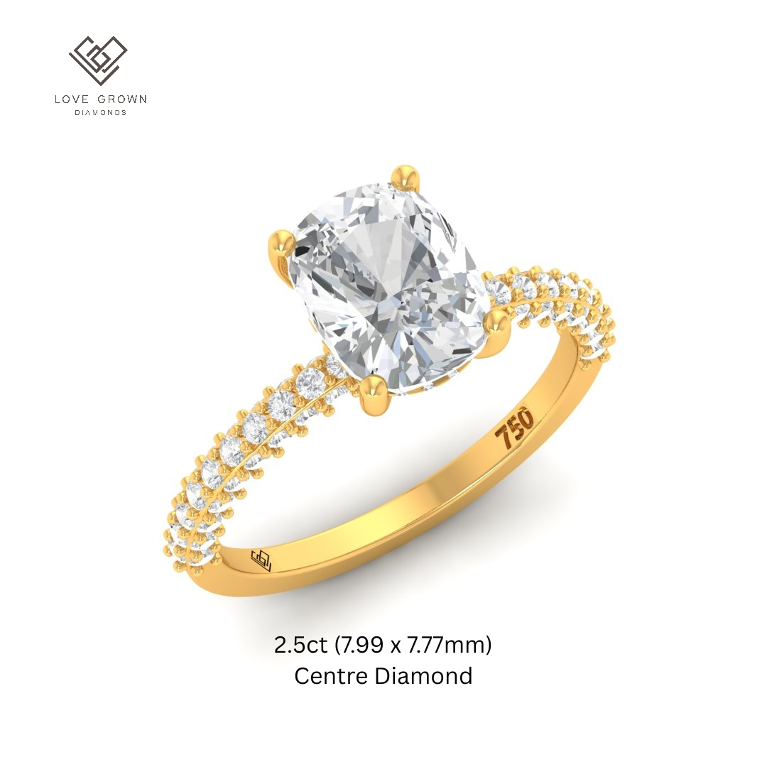 Mia Cushion Cut Diamond Engagement Ring with Diamond Hidden Halo and 3D Diamond Band