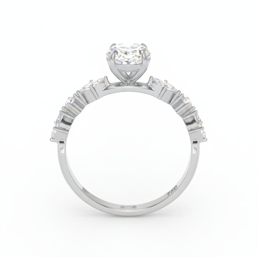Elizabeth Oval Cut Diamond Engagement Ring With A Marquise And Round Cut Diamond Band.