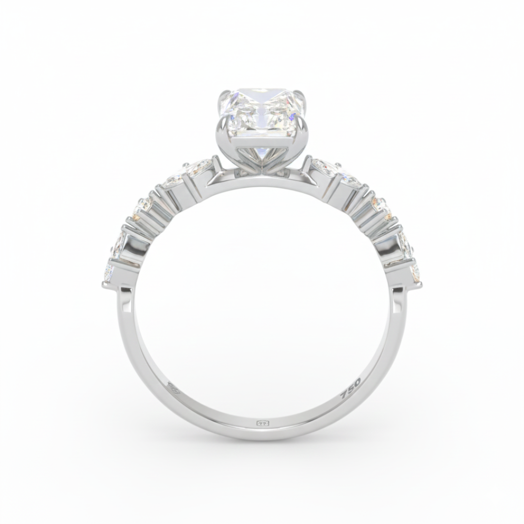 Elizabeth Radiant Cut Diamond Engagement Ring With A Marquise And Round Cut Diamond Band