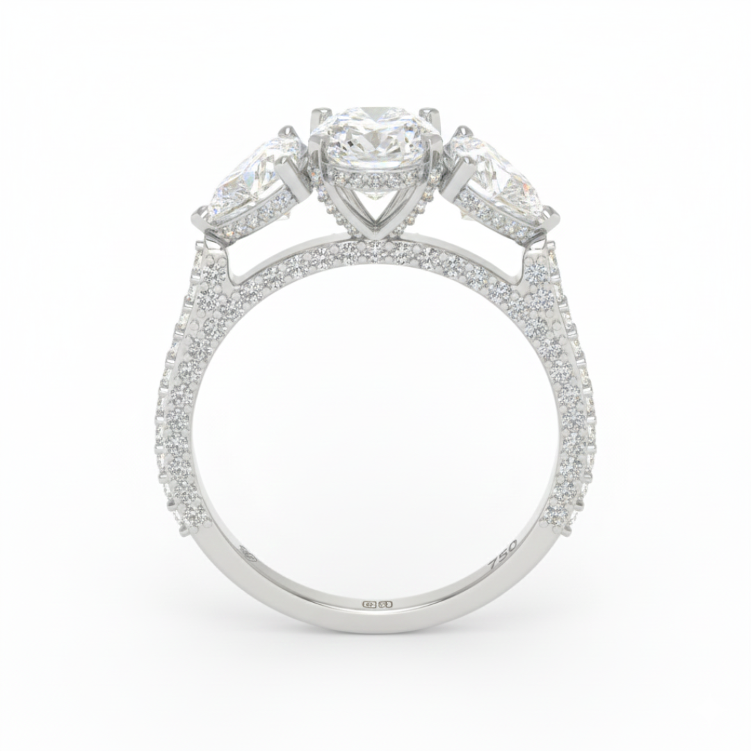 Victoria Oval Cut Diamond Engagement Ring with Heart Cut Side Diamonds and 3D Diamond Band