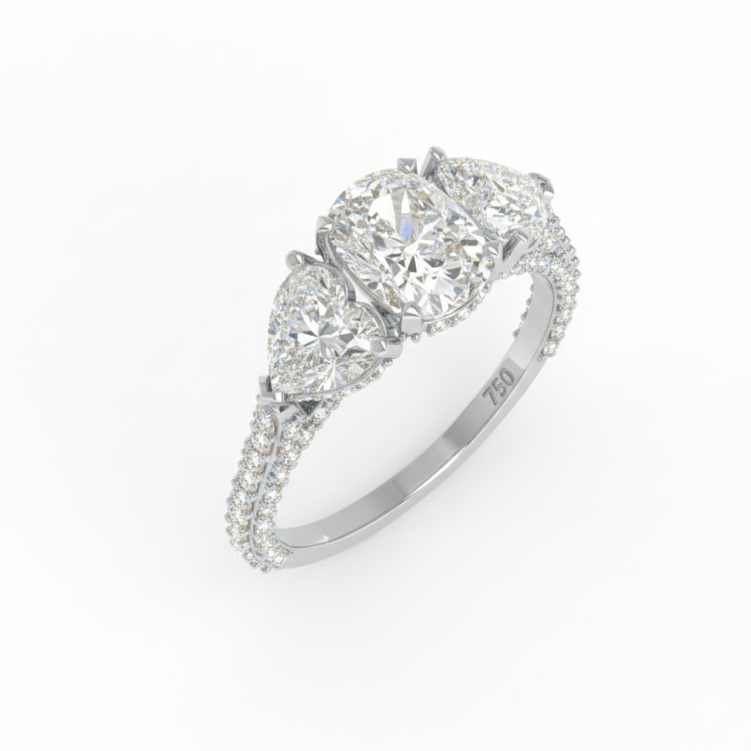 Victoria Cushion Cut Diamond Engagement Ring with Heart Cut Side Diamonds and 3D Diamond Band