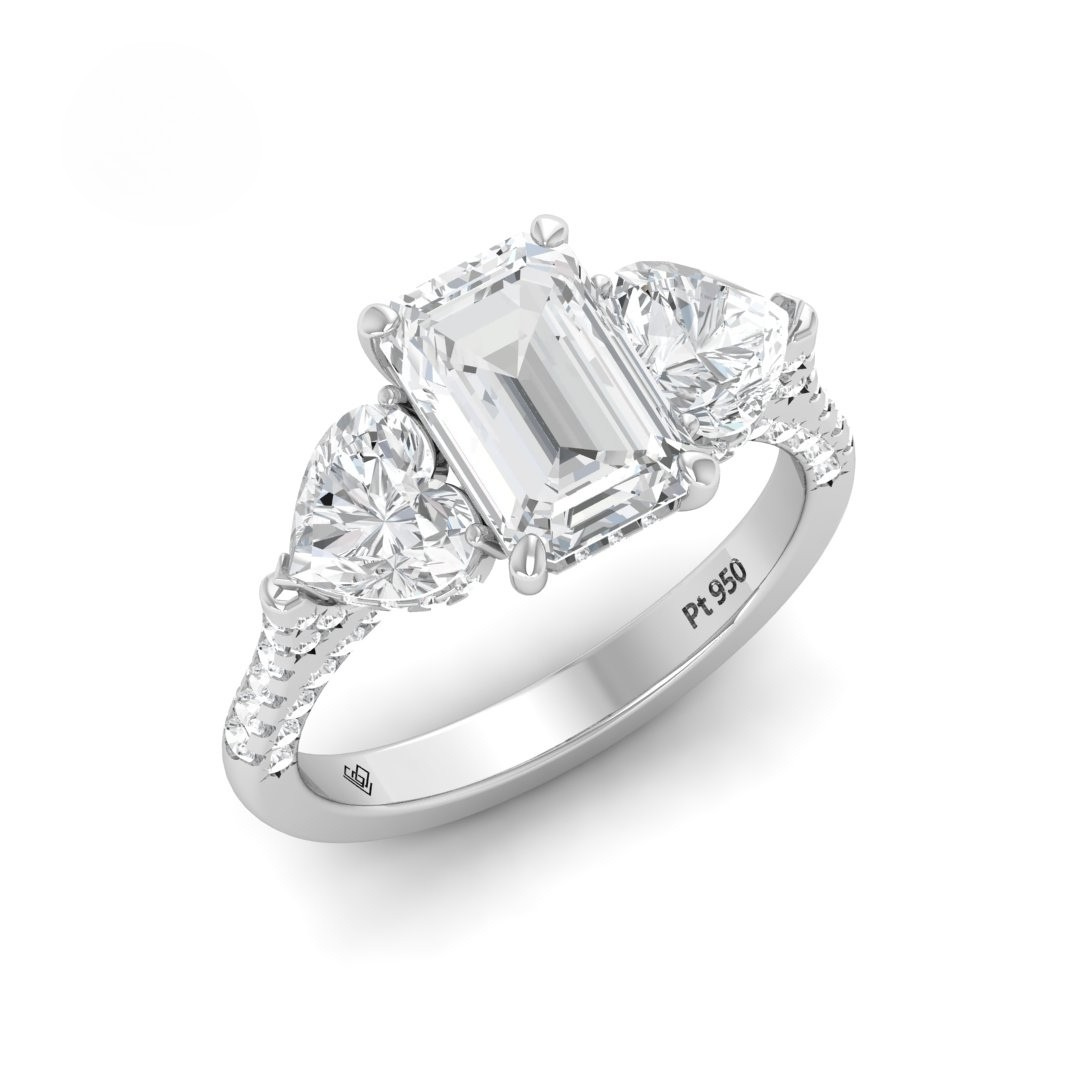 Victoria Emerald Cut Diamond Engagement Ring with Heart Cut Side Diamonds and 3D Diamond Band