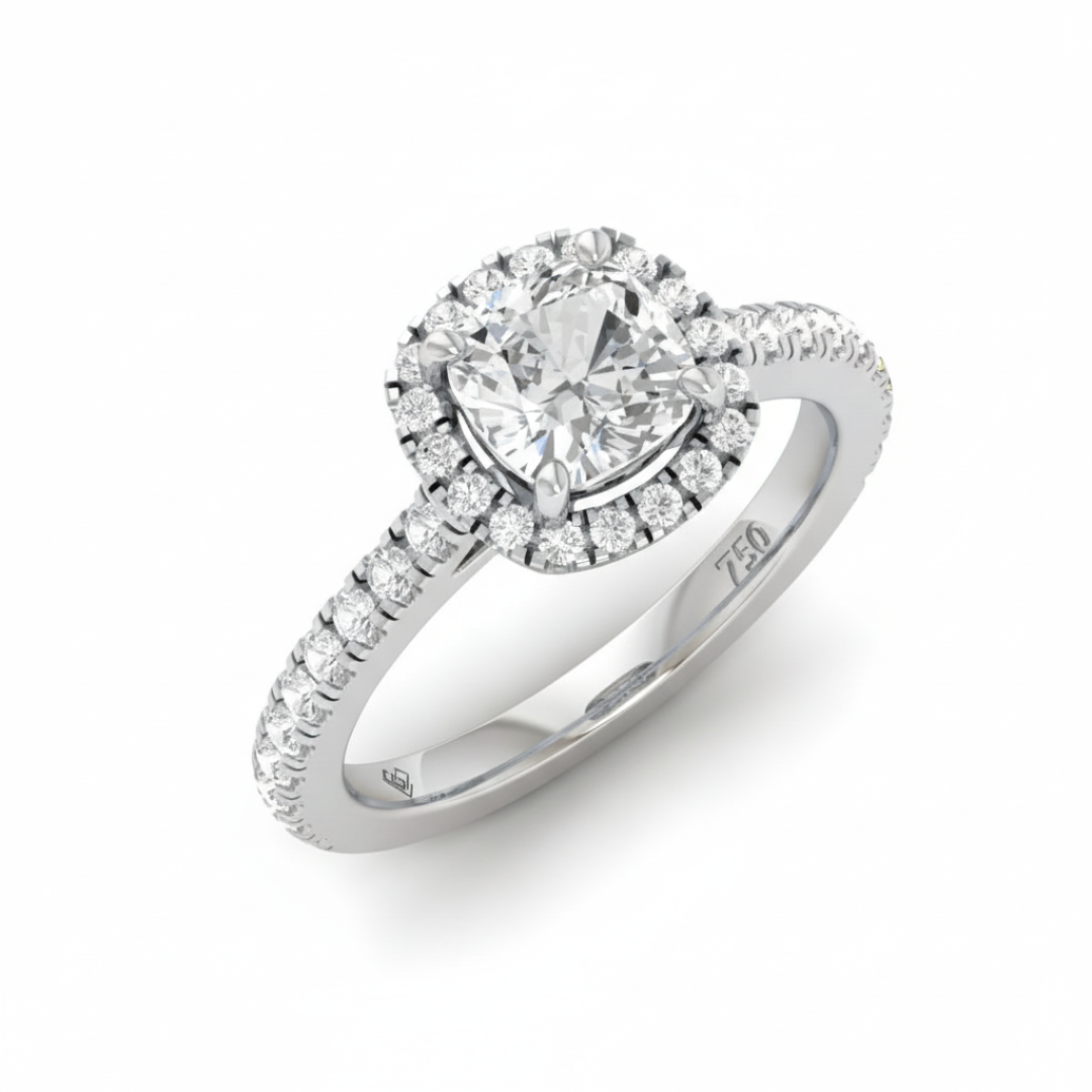 Bella Cushion Cut Diamond Engagement Ring with Diamond Halo & Diamond Band