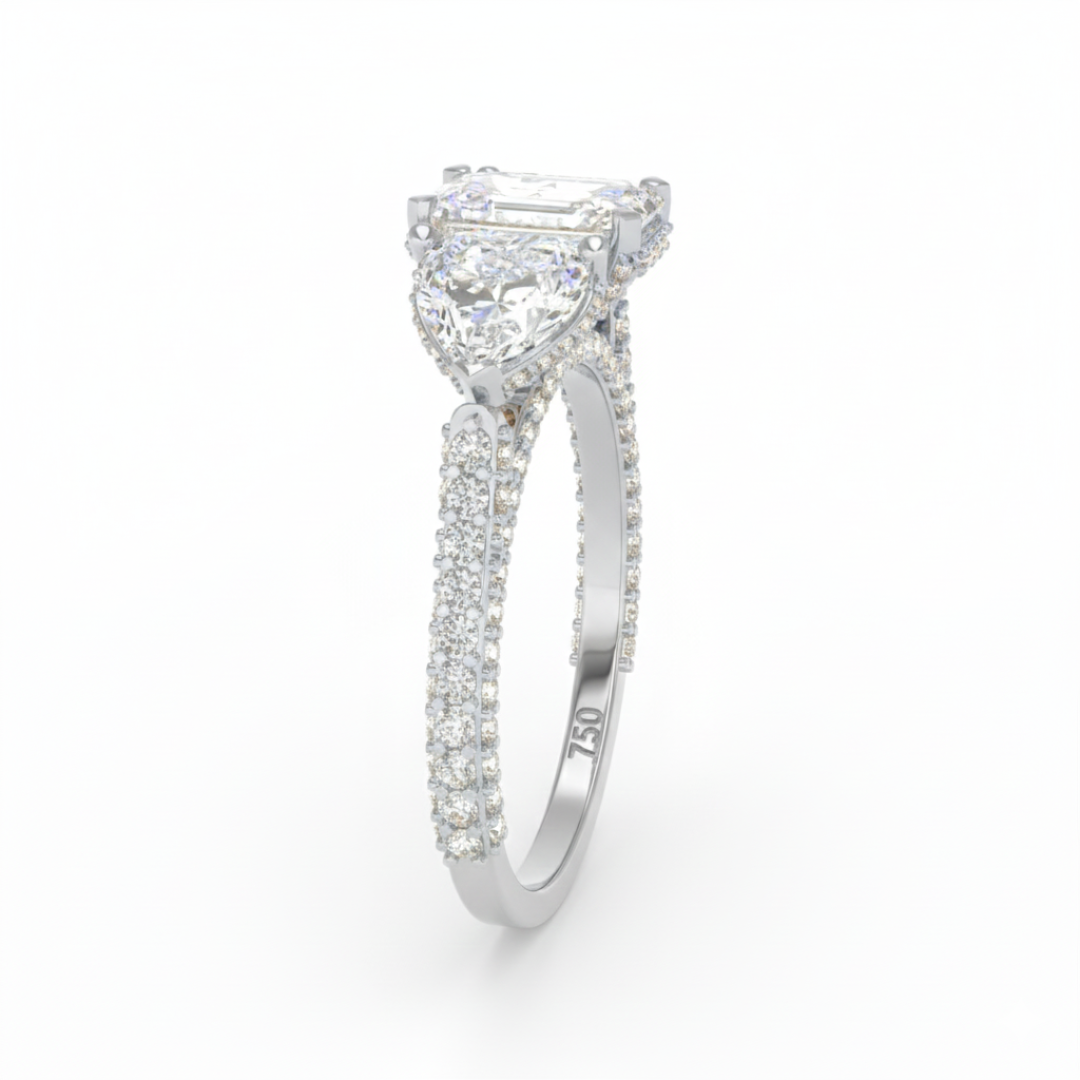 Victoria Emerald Cut Diamond Engagement Ring with Heart Cut Side Diamonds and 3D Diamond Band