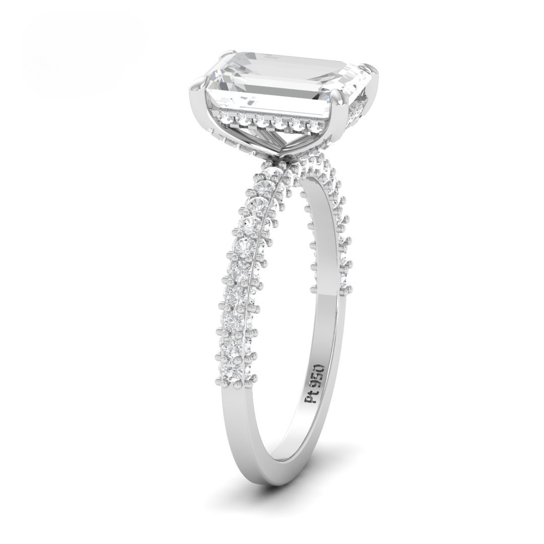 Mia Emerald Cut Diamond Engagement Ring with Diamond Hidden Halo and 3D Diamond Band