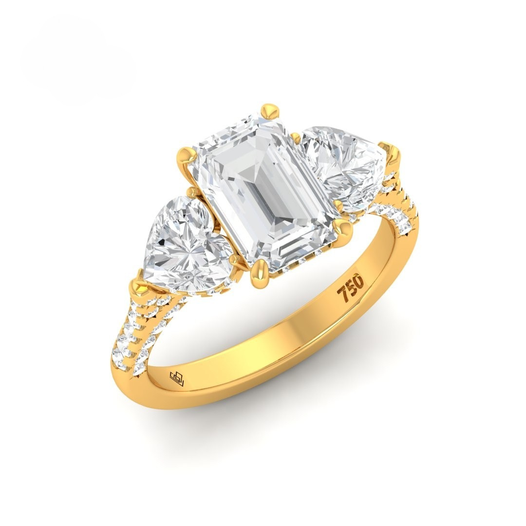 Victoria Emerald Cut Diamond Engagement Ring with Heart Cut Side Diamonds and 3D Diamond Band