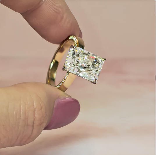 Celeste Radiant cut Lab Diamond with Cigar band and half set Diamond sides & hidden halo