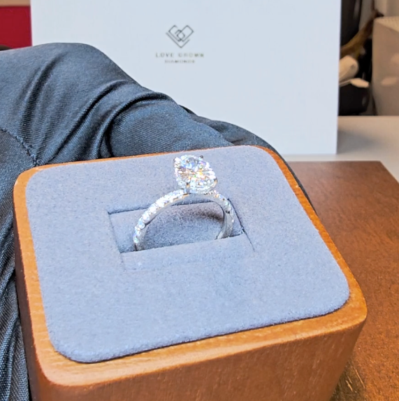 Bague de fiançailles Chloé en diamant taille ovale avec halo de diamants cachés et anneau serti de diamants