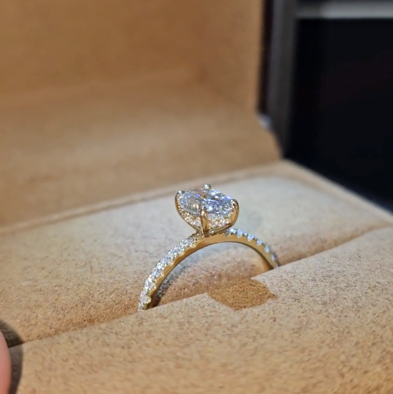 Bague de fiançailles Chloé en diamant taille ovale avec halo de diamants cachés et anneau serti de diamants