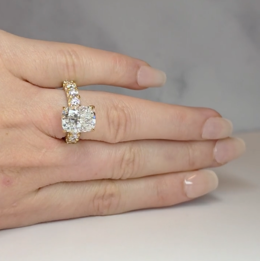 Juliette Cushion Lab-Grown Diamond Engagement Ring featuring a Half-Set Diamond Band, Hidden Halo, and Pavé U-Shaped Prong Setting