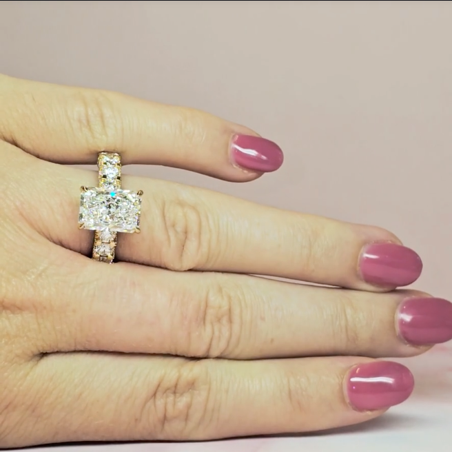 Juliette Radiant Lab-Grown Diamond Engagement Ring featuring a Half-Set Diamond Band, Hidden Halo, and Pavé U-Shaped Prong Setting