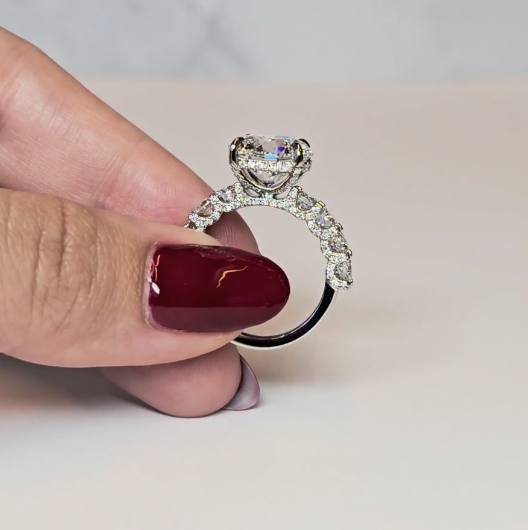 Juliette Round Lab-Grown Diamond Engagement Ring featuring a Half-Set Diamond Band, Hidden Halo, and Pavé U-Shaped Prong Setting