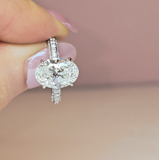 Mia Oval Cut Diamond Engagement Ring With Diamond Hidden Halo And 3D Diamond Band