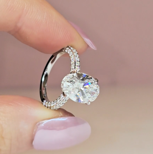 Mia Oval Cut Diamond Engagement Ring With Diamond Hidden Halo And 3D Diamond Band