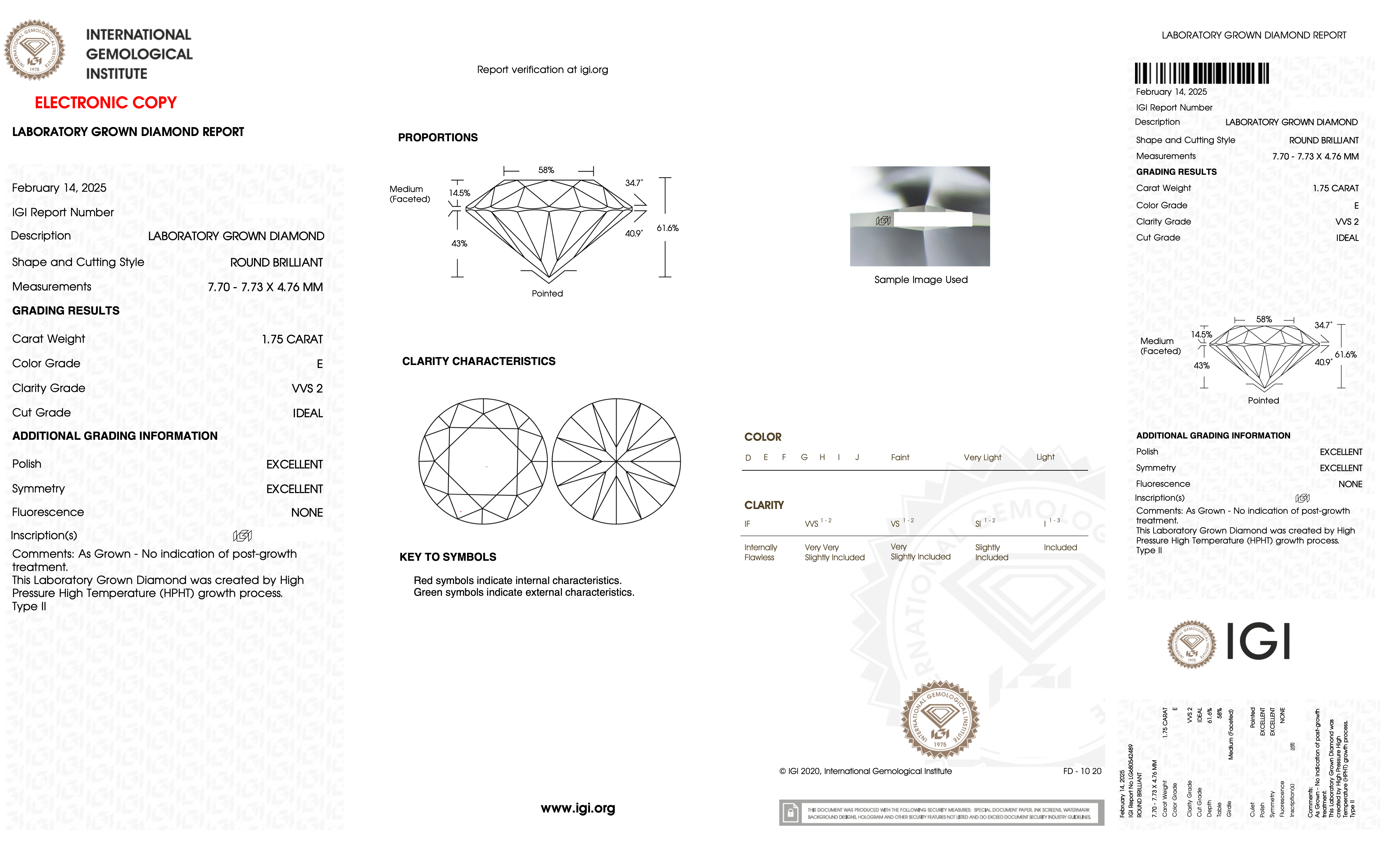 Laboratory-grown diamond grading report with specifications for clarity, color, and cut.
