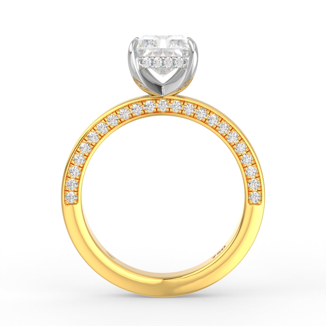 Celeste Radiant cut Lab Diamond with Cigar band and half set Diamond sides & hidden halo