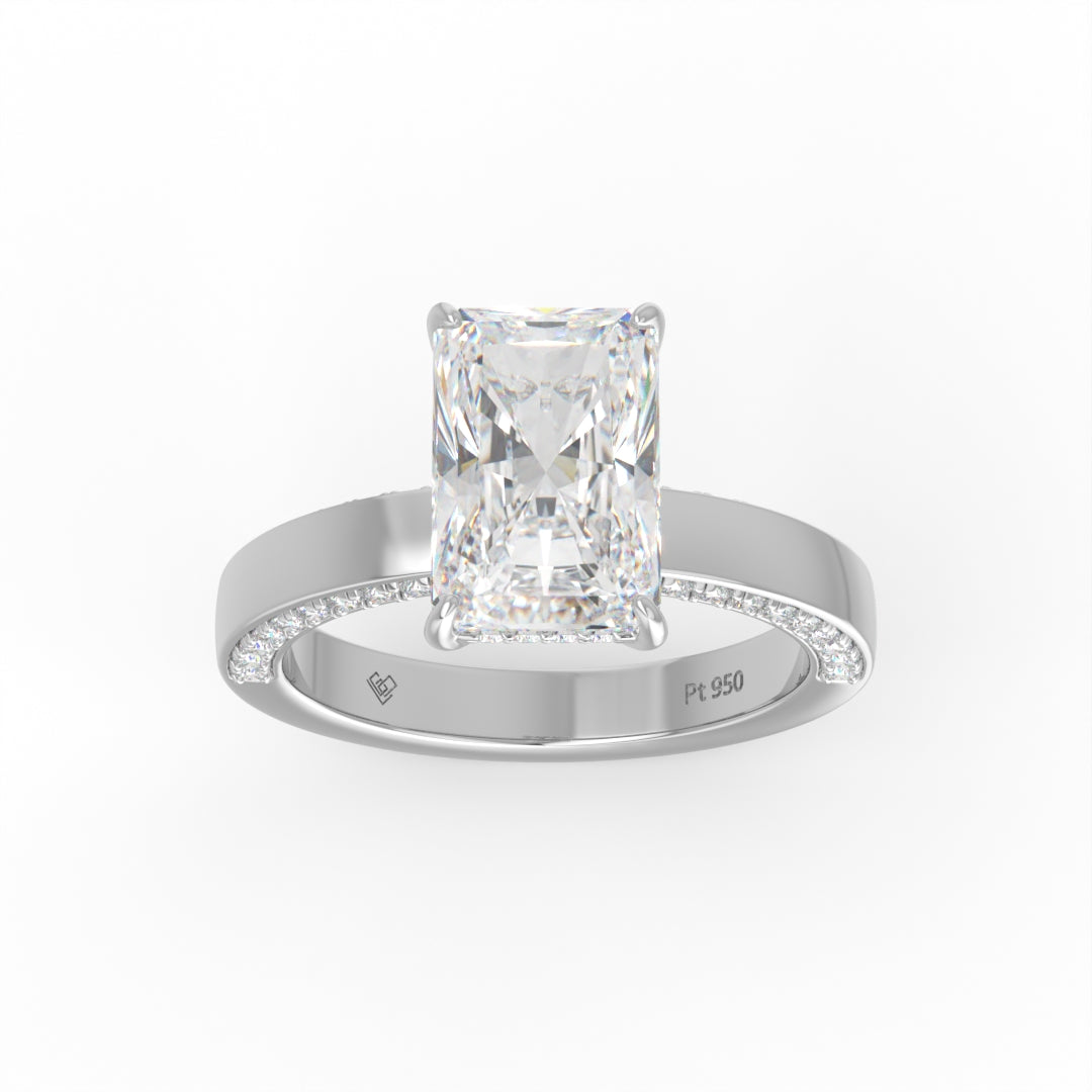 Celeste Radiant cut Lab Diamond with Cigar band and half set Diamond sides & hidden halo