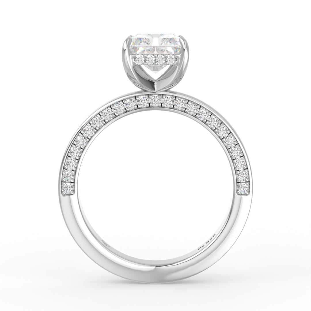 Celeste Radiant cut Lab Diamond with Cigar band and half set Diamond sides & hidden halo