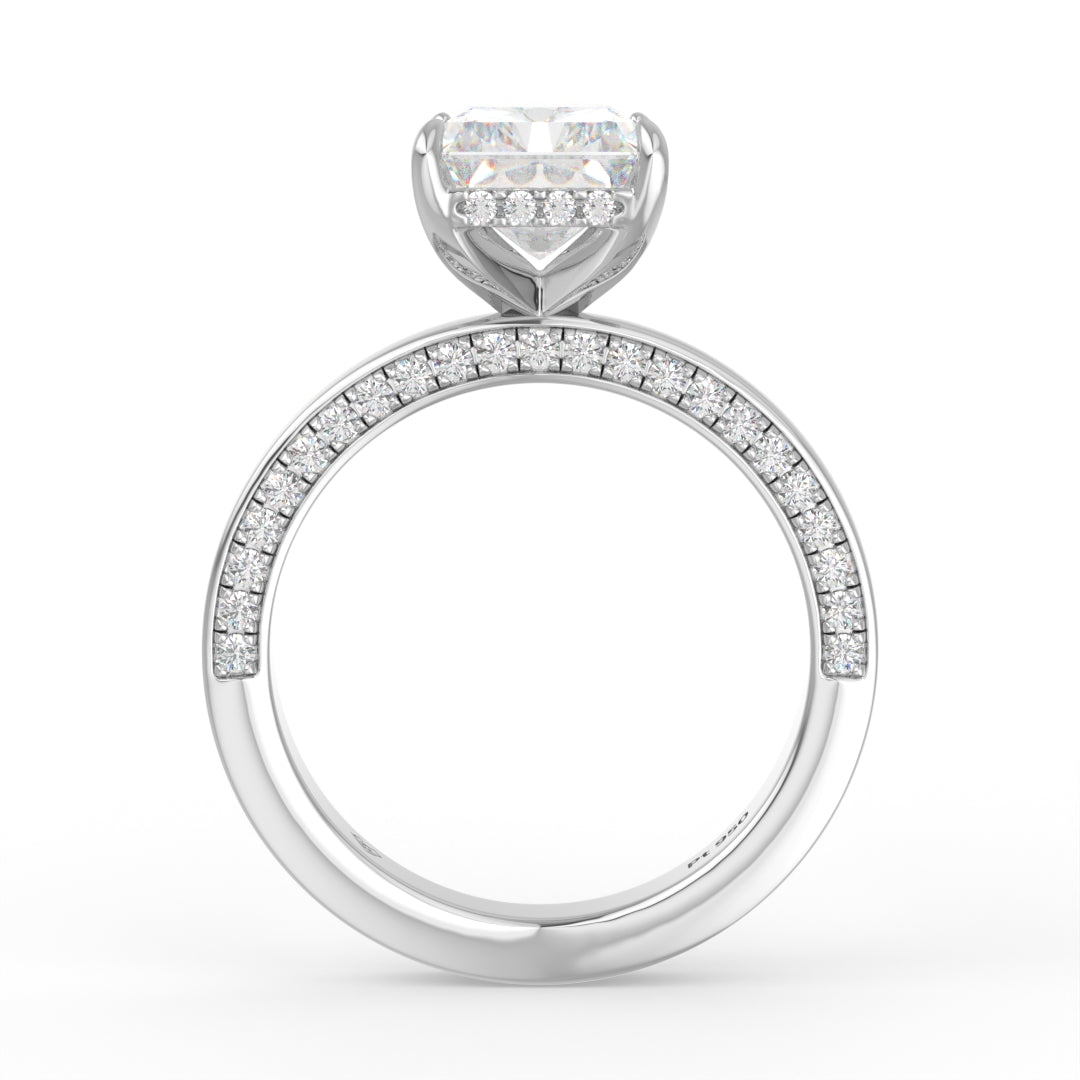 Celeste Radiant cut Lab Diamond with Cigar band and half set Diamond sides & hidden halo