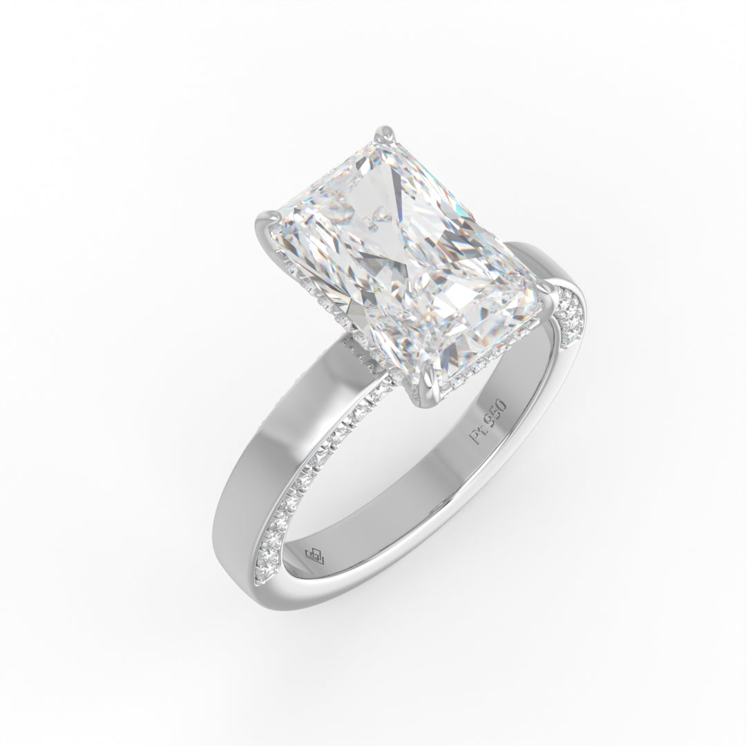 Celeste Radiant cut Lab Diamond with Cigar band and half set Diamond sides & hidden halo