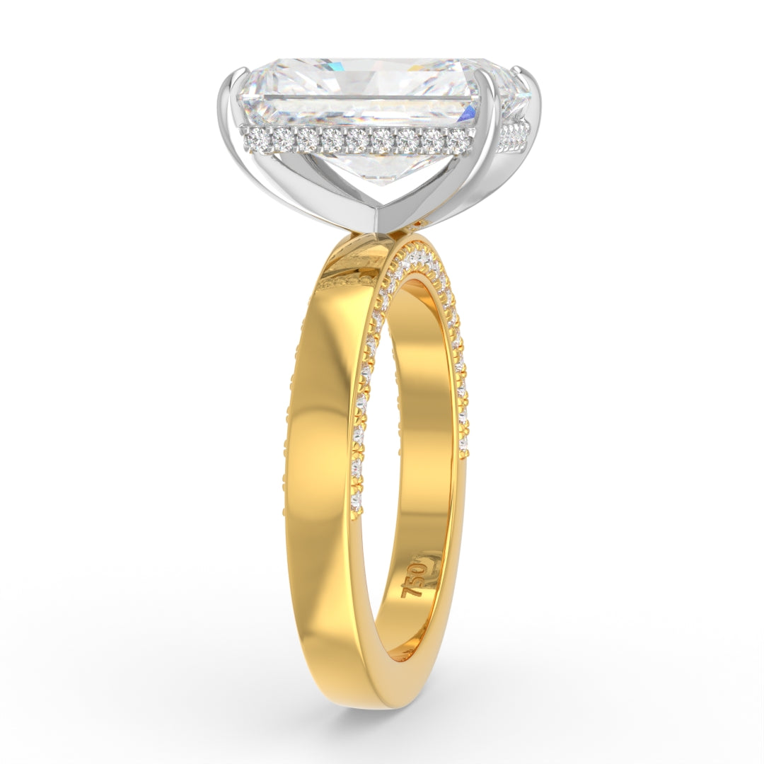 Celeste Radiant cut Lab Diamond with Cigar band and half set Diamond sides & hidden halo