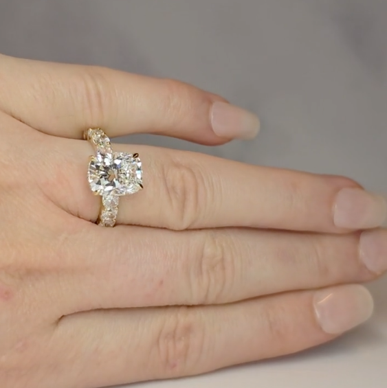 Vivien Cushion Brilliant Cut Engagement Ring with Cushion Brilliant Diamond Band and Wrap Around Hidden Halo